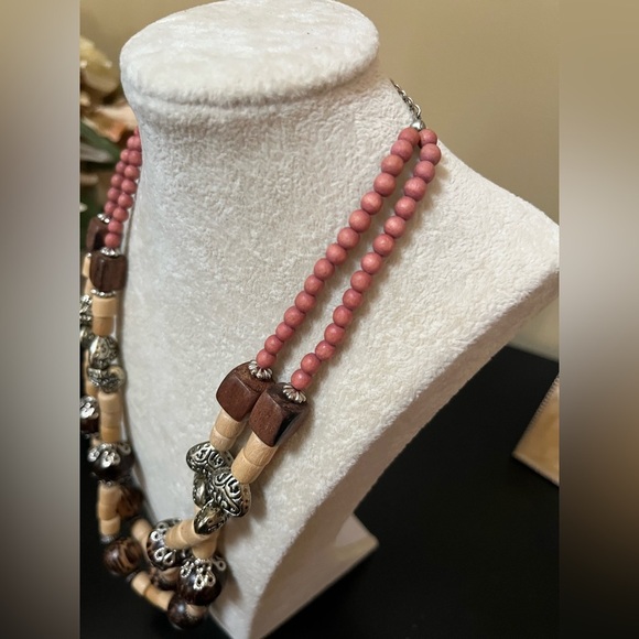 Vintage Silver Brown beaded Necklace Adjustable Closure Bohemian - Picture 8 of 12